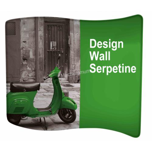 Beurswand Design Wall Serpetine. 3 Formaten: 300x228x63cm, 400x228x126cm en 500x228x140cm. Enkelzijdig of dubbelzijdig voorzien van fullcolor print.