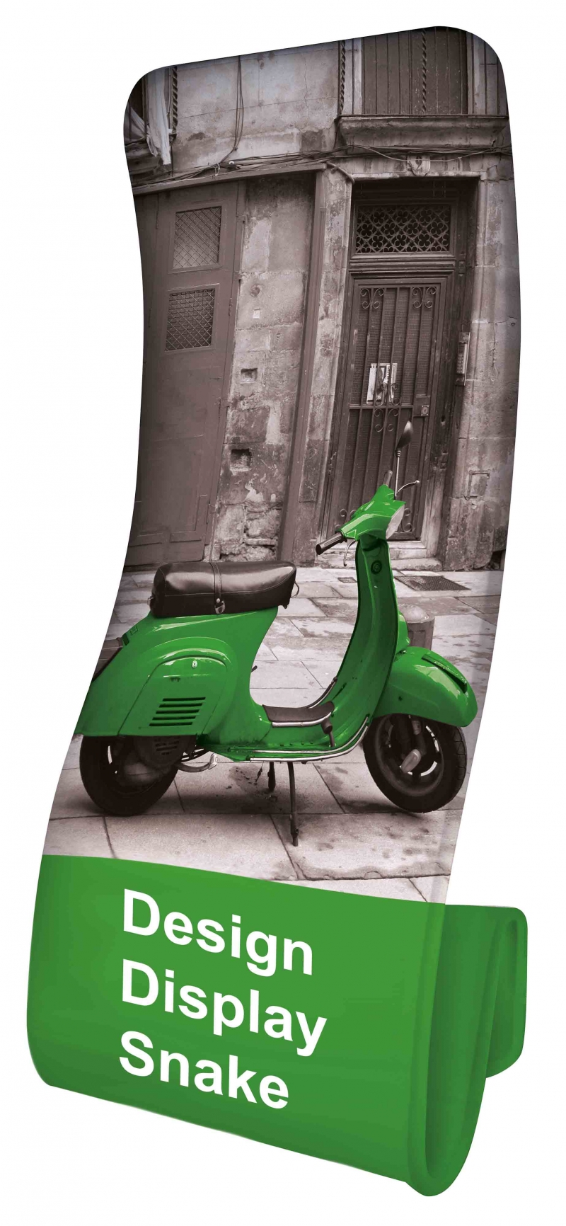 Design Display Snake, formaat 91x228x70cm, voorzien van fullcolor print op stretch textiel.